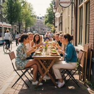 Super-Seat |Houten Bistro Terras Klaptafels Parade Houten klaptafels 80x60cm, lichte kleur, metalen onderstel, bloemendecor, stadsleven op achtergrond. | Horecameubilair