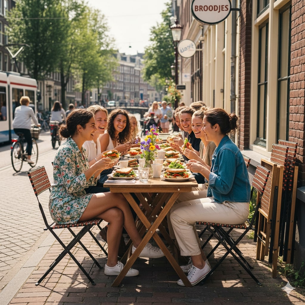 Super-Seat |Houten Bistro Terras Klaptafels Parade Houten klaptafels 80x60cm, lichte kleur, metalen onderstel, bloemendecor, stadsleven op achtergrond. | Horecameubilair