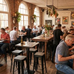 Super-Seat | Houten tafels, Lix barkrukken mat zwart hout, veel licht, bakstenen muren en groene planten. | Horecameubilair