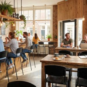 Super-Seat | Mensen | Zwarte Vanitas barkrukken aan houten toonbank, houten tafels & stoelen, veel licht, groene planten, moderne sfeer. | Horecameubilair