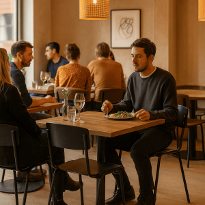Super-Seat | Zwarte metalen stoelen en tafel, houten zittingen, glazen en bestek onder warme verlichting. | Horecameubilair