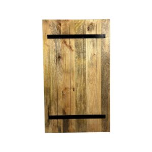 Super-Seat |Rechthoekig houten mangohouten blad met zwarte metalen strips; naturel hout en zwart staal. | Horecameubilair