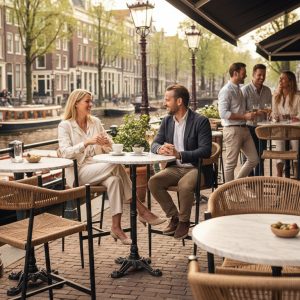 Super-Seat | Zwarte metalen tafels, ijzeren onderstellen, buitenstoelen langs het kanaal bij café. | Horecameubilair