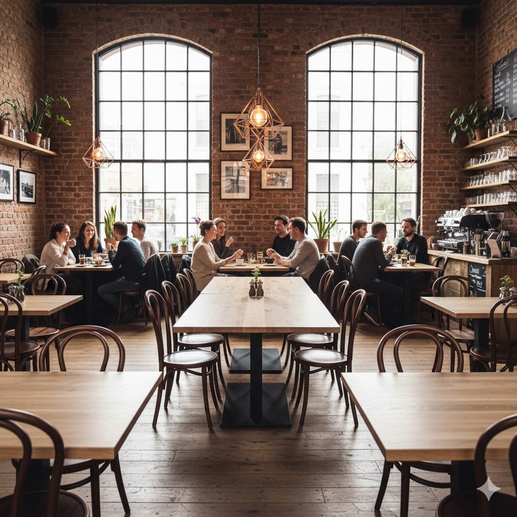 Super-Seat | Massief houten eiken tafelblad 120x70cm | Bakstenen muren, eiken tafels, metalen stoelen & barkrukken; warme sfeerverlichting. | Horecameubilair