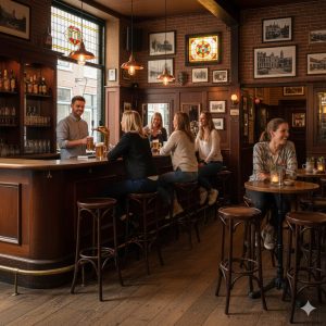 Super-Seat | Gezellige Bruine Kroeg Oudbruine Thon gebogen houten barkrukken bij houten bar, glas-in-loodramen en warme verlichting. | Horecameubilair