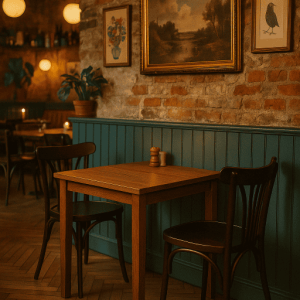 Super-Seat |Een kleine houten tafel met twee Thon gebogen houten caféstoelen Oud bruin houten stoelen, kleine houten tafel, bakstenen muur, warme sfeerverlichting. | Horecameubilair