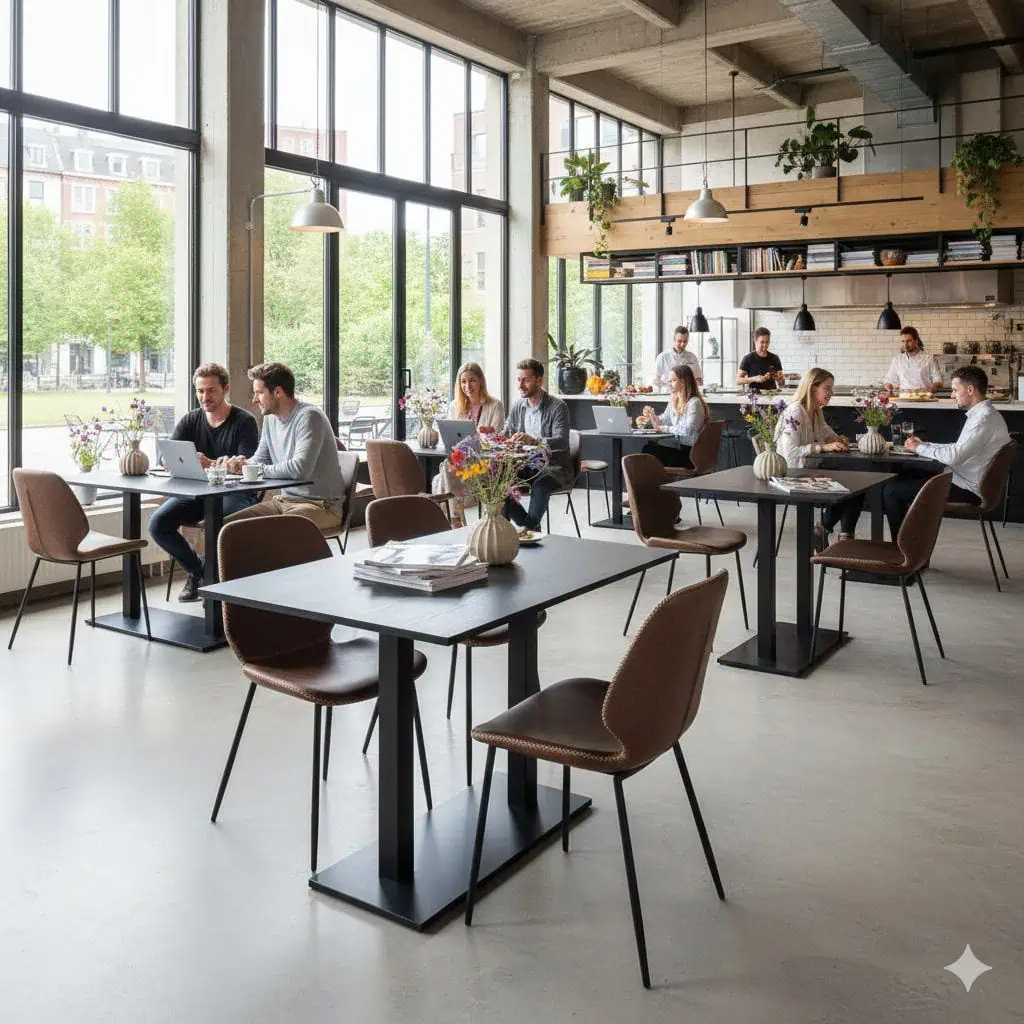 Super-Seat | Urban bistro melamine tafelbladen zwart 120x80cm Zwarte melamine tafels, houten stoelen, barkrukken en grote ramen in modern bistro. | Horecameubilair