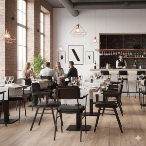 Super-Seat | Modern Restaurant Interieur Je gaat stoelen, tafels, schors in zwart/bruin hout en metaal vinden; moderne kunst aan de muren. | Horecameubilair