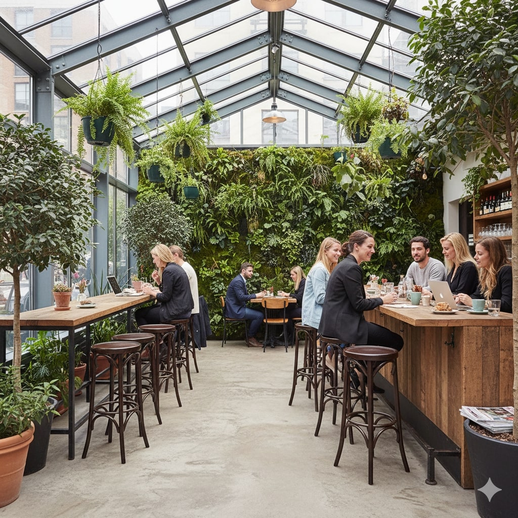 Super-Seat |Donkerbruine houten Thon barkrukken, houten tafels, veel glas en planten, lichte ruimte met verticale tuin. | Horecameubilair