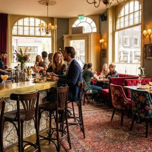 Super-Seat | Pub Interieur | Donkerbruine houten Thon barkrukken, fluwelen stoelen, tafels, grote ramen en patroonkleed in warme sfeer. | Horecameubilair