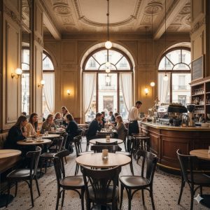 Super-Seat | Donkerhouten stoelen en tafels in licht café met grote ramen en houten bar. | Horecameubilair