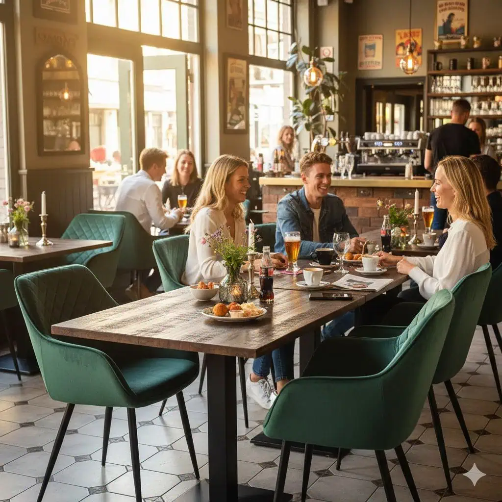 Super-Seat | Vintage houten mango tafels A'dam | Groene stoelen, houten mango tafel, grote ramen in modern interieur, mensen eten en praten. | Horecameubilair