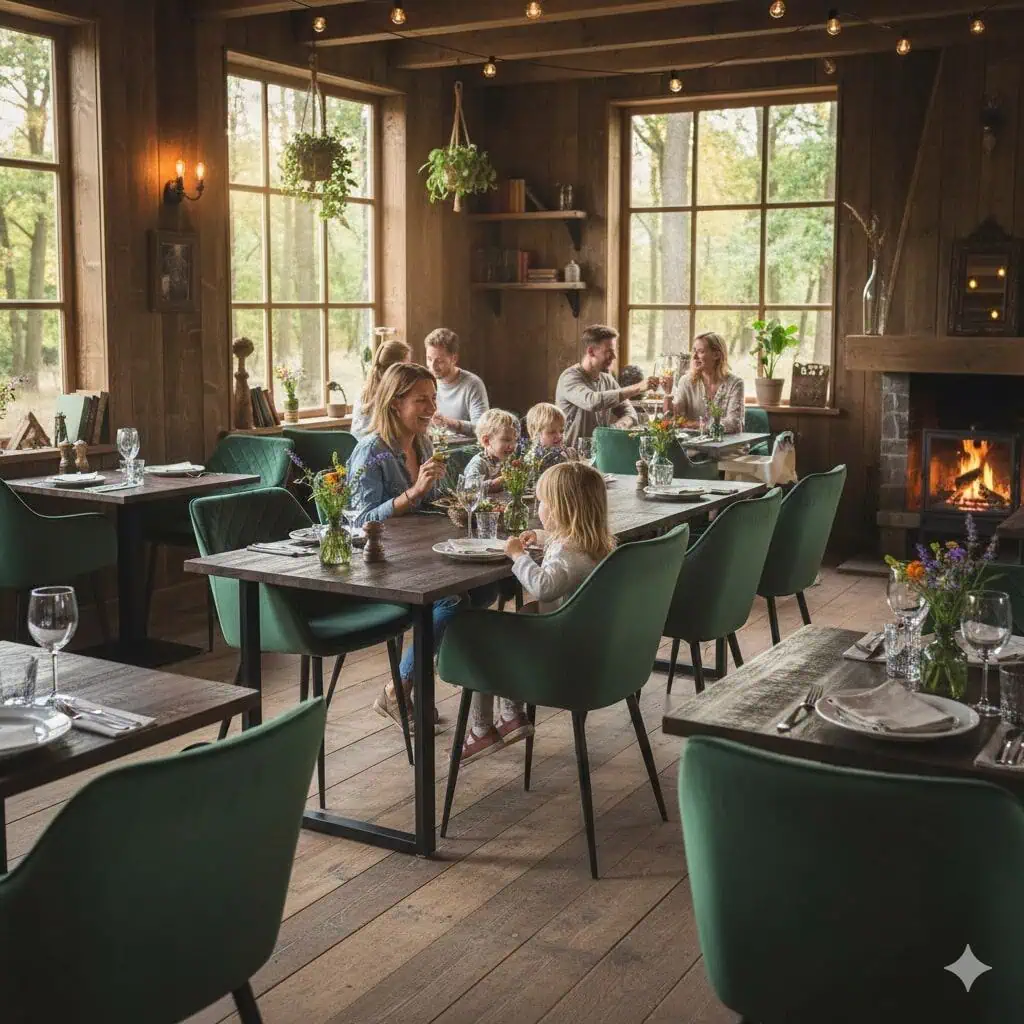 Super-Seat | Vintage houten mango tafelbladen A'dam 120x70cm Groene stoelen, houten vloeren, mangohouten tafels, grote ramen, open haard. | Horecameubilair