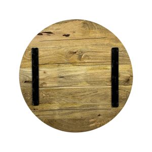 Super-Seat |Rond mango houten tafelblad 70cm| Natuurlijke afwerking, twee zwarte metalen stangen, gefotografeerd op wit. | Horecameubilair