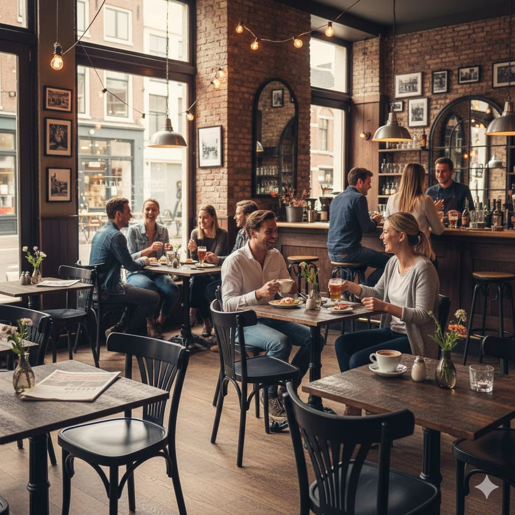 Super-Seat |Houten mango tafelbladen A'dam 70x70cm Je ziet houten mango tafels, bruine stoelen, barkrukken en lichte bakstenen muren. | Horecameubilair