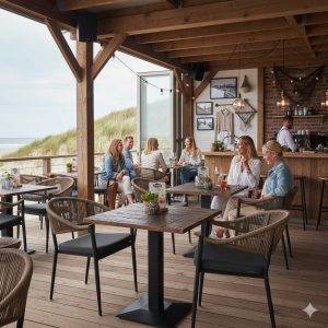 Super-Seat | Houten strandcafé met mangohouten tafels, rotan stoelen, zandkleurige banken en zeezicht. | Horecameubilair
