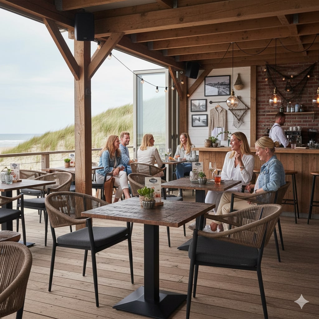 Super-Seat | Houten strandcafé met mangohouten tafels, rotan stoelen, zandkleurige banken en zeezicht. | Horecameubilair