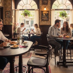 Super-Seat | Mango houten ronde tafels, donker hout, stoelen van leer of stof in warm café met vintage sfeer. | Horecameubilair