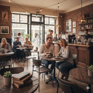 Super-Seat | Vintage houten mango tafelbladen A'dam rond 70cm | Houten mango tafels, metalen stoelen, bakstenen muren, grote ramen, levendig café. | Horecameubilair