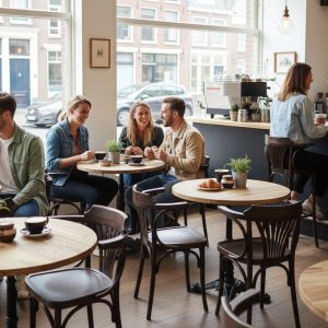 Super-Seat |Massief houten mango tafelbladen rond 70cm| Stoelen, tafels en barkrukken van licht hout en staal, groen door planten, modern café met grote ramen. | Horecameubilair