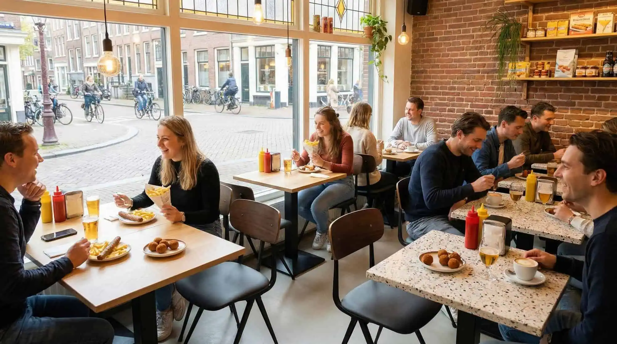 Super-Seat | Georg Luger vintage schoolstoelen bruin / zwart | Bruin-zwarte metalen stoelen en tafels in café met bakstenen muur, grote ramen. | Horecameubilair