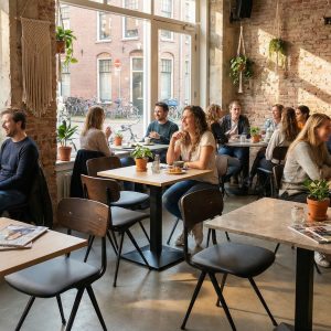 Super-Seat | Georg Luger Vintage Schoolstoelen Bruine en zwarte metalen stoelen met houten zitting, bij tafels omringd door bakstenen muren. | Horecameubilair