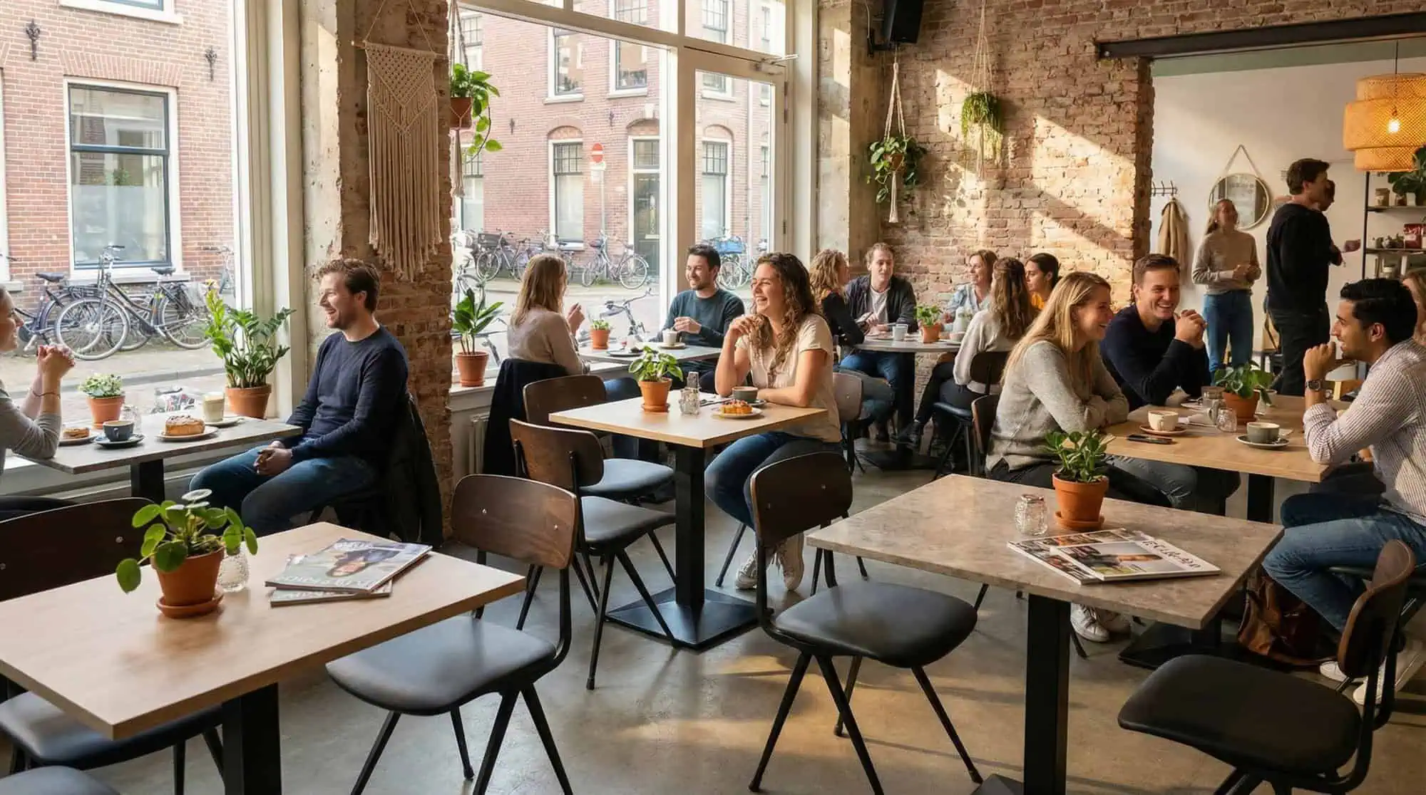 Super-Seat | Georg Luger Vintage Schoolstoelen Bruine en zwarte metalen stoelen met houten zitting, bij tafels omringd door bakstenen muren. | Horecameubilair