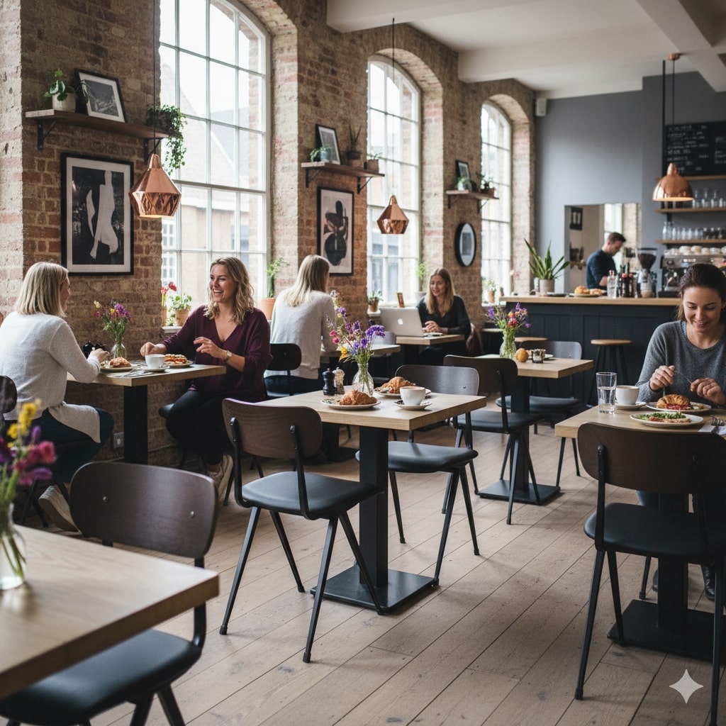Super-Seat | Georg Luger vintage schoolstoelen | Bruine houten stoelen met zwart staal, tafels, bakstenen muur en grote ramen in modern café. | Horecameubilair