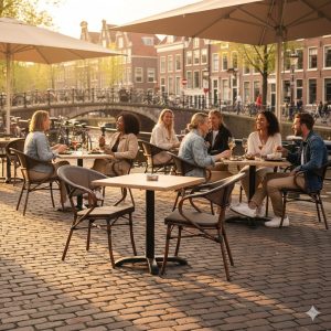 Super-Seat |Zwarte metalen tafels, houten stoelen bij kanaal, fietsen en bakstenen gebouwen op achtergrond. | Horecameubilair