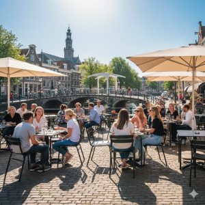 Super-Seat | Zwarte stapelstoelen en metalen tafels bij het kanaal, met parasols voor schaduw. | Horecameubilair