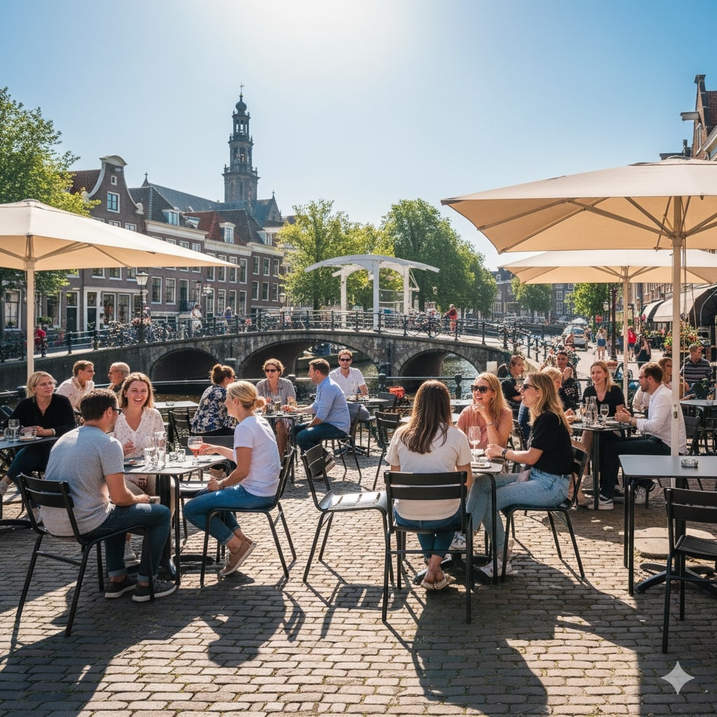 Super-Seat | Zwarte stapelstoelen en metalen tafels bij het kanaal, met parasols voor schaduw. | Horecameubilair