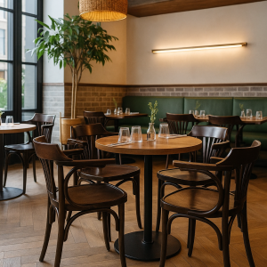 Super-Seat | Thon bentwood armstoelen waaier oud bruin café | Bruine houten stoelen, houten tafels, groene stoffen bank, sfeervol ingericht. | Horecameubilair