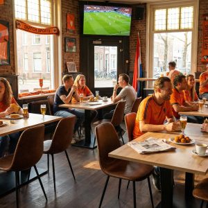 Super-Seat | Kasteel eiken melamine tafelbladen | Oranje stoelen, eiken melamine tafels 120x67cm, zonlicht, barkrukken en picknicktafels. | Horecameubilair