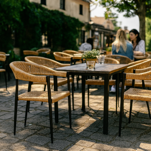 Super-Seat | Praag Terrasstoelen Witte gevlochten stoelen met armleuningen, houten tafels, stenen terras, zonlicht, twee mensen. | Horecameubilair