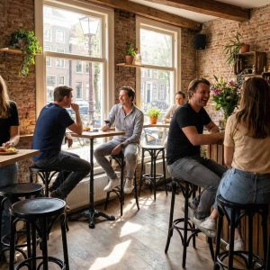 Super-Seat | Zwarte houten barkrukken, houten tafels en stoelen in een café met bakstenen muren en grote ramen. | Horecameubilair