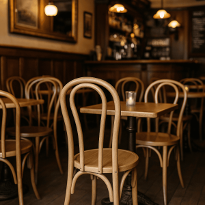Super-Seat | Stoelen, tafels en barkrukken | Natuurlijke houten Vienna Thon stapelstoelen en tafels bij een kaarsverlichte bar in een sfeervol café. | Horecameubilair