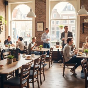 Super-Seat | Thon gebogen houten armstoelen in oud bruin hout rond houten tafels; bakstenen muur, ramen, planten, relaxte sfeer |. | Horecameubilair