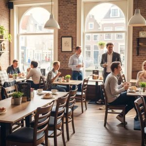 Super-Seat | Thon gebogen houten armstoelen in oud bruin hout rond houten tafels; bakstenen muur, ramen, planten, relaxte sfeer |. | Horecameubilair