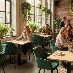 Super-Seat | Groene stoelen, eiken melamine tafelbladen 120x67cm, planten en grote ramen in het café. | Horecameubilair