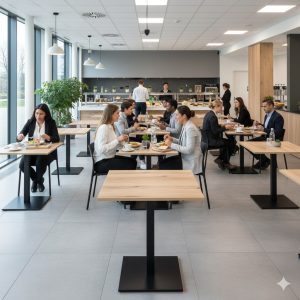 Super-Seat | Kasteel eiken melamine tafelbladen 67x67cm | Houten tafels, stoelen; licht hout, modern met grote ramen en buffet in cafetaria. | Horecameubilair