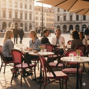 Super-Seat | Rieten horeca (terras) stapelstoelen café de Paris rood Rieten stoelen en ronde tafels met bloemen sieren het zonnige terras. | Horecameubilair
