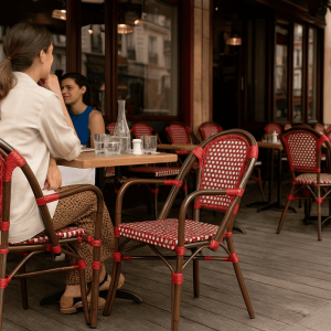 Super-Seat |Rieten stoelen, houten vloeren, glazen en servies op tafels in een rustig café. | Horecameubilair