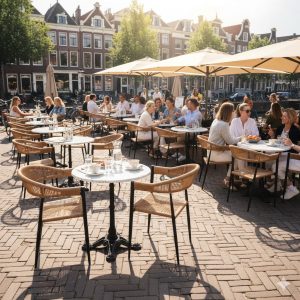 Super-Seat |Vlechtwerk stoelen met armleuning en metalen rond tafel, onder parasols, gasten relaxen buiten. | Horecameubilair