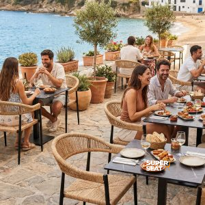 Super-Seat | Terrasstoelen en tafels Vlechtwerk stapelstoelen met armleuningen in grijs kunststof, bij witte tafels op strandterras. | Horecameubilair