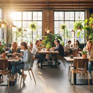 Super-Seat | Houten bruine stoelen, houten tafels, groene planten en zonlicht vullen het café. | Horecameubilair