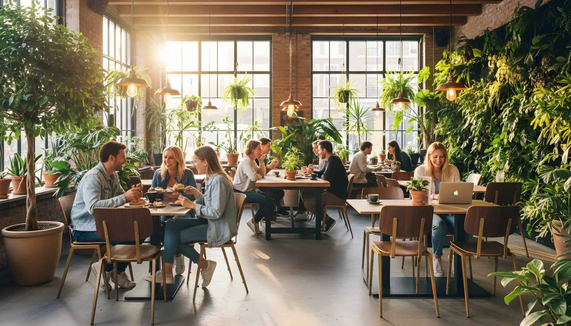 Super-Seat | Houten bruine stoelen, houten tafels, groene planten en zonlicht vullen het café. | Horecameubilair