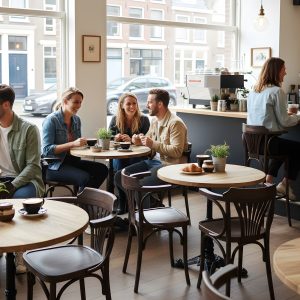 Super-Seat | Donkerbruine houten stoelen, ronde houten tafels en bartafels in licht café. | Horecameubilair