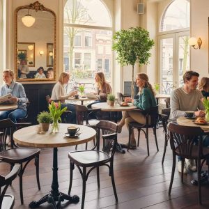 Super-Seat | Grote ramen, houten vloer, oud bruin Thon waaier armstoelen, tafels; licht en planten in het café. | Horecameubilair