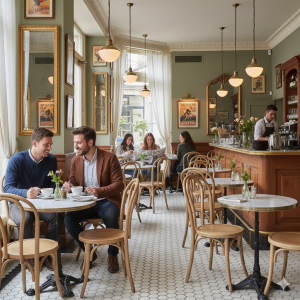 Super-Seat | Houten Stoelen en Tafels | Natuurlijke houten stapelstoelen en marmeren tafels in lichte, moderne café setting. | Horecameubilair