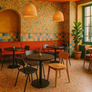 Super-Seat | Gezellig urban bistro interieur | Zwarte melamine ronde tafels, zwarte en houten stoelen, bloemenbehang, wandtegels, veel daglicht |. | Horecameubilair